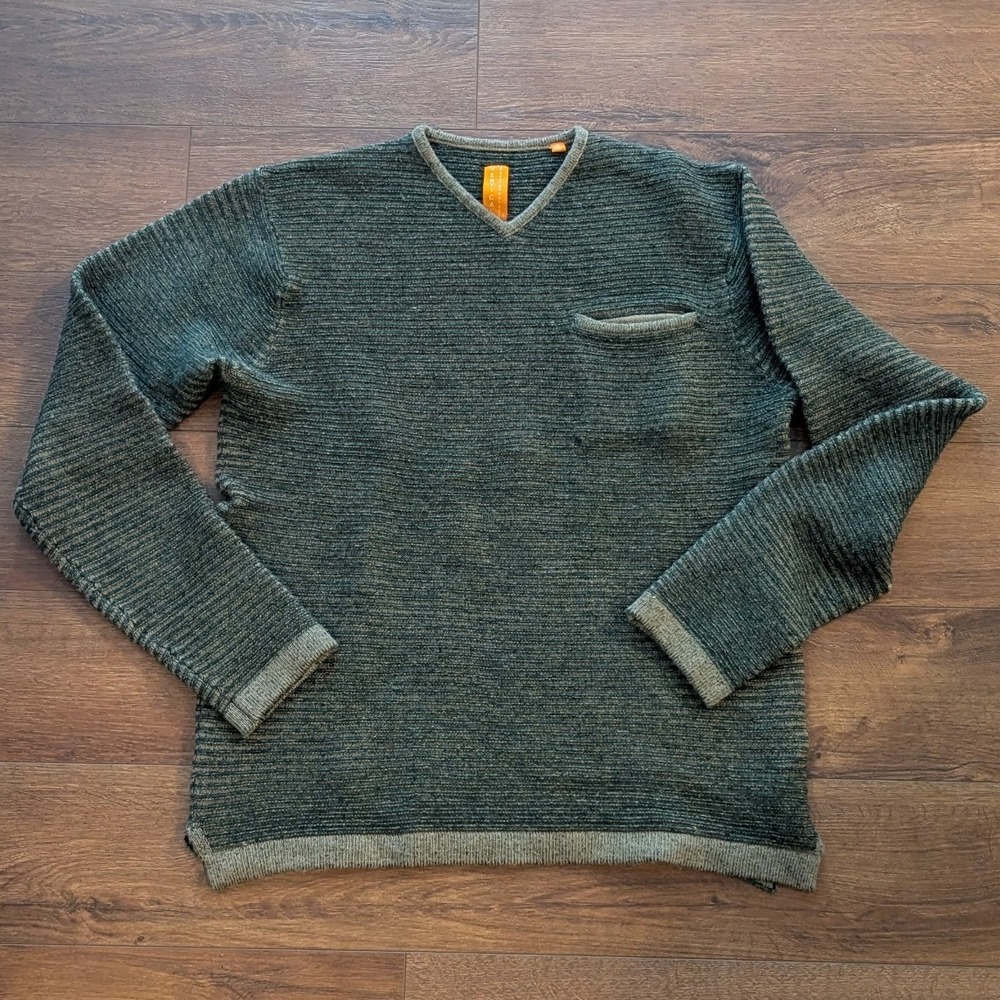 Robert Comstock Vertical Mens Medium Green Ribbed V-Neck Sweater Chest Pocket